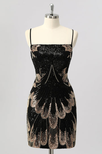 Black Bodycon Sequin Short Homecoming Dress with Lace Up Back